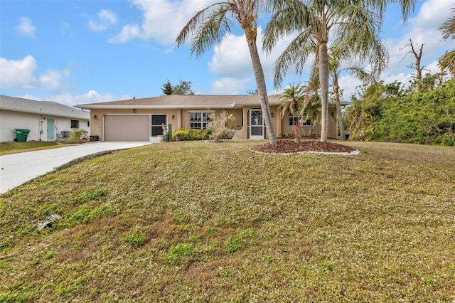 single story home with a front lawn and a garage