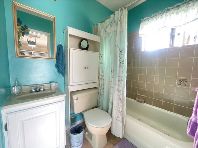 full bathroom featuring toilet, vanity, tile patterned flooring, and shower / tub combo with curtain