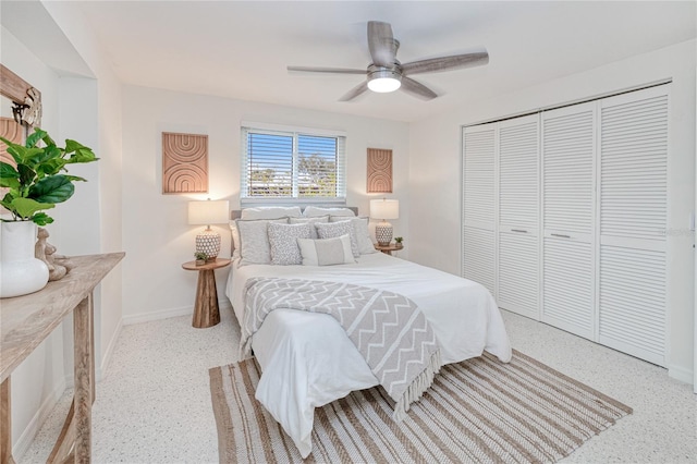 bedroom with ceiling fan and a closet