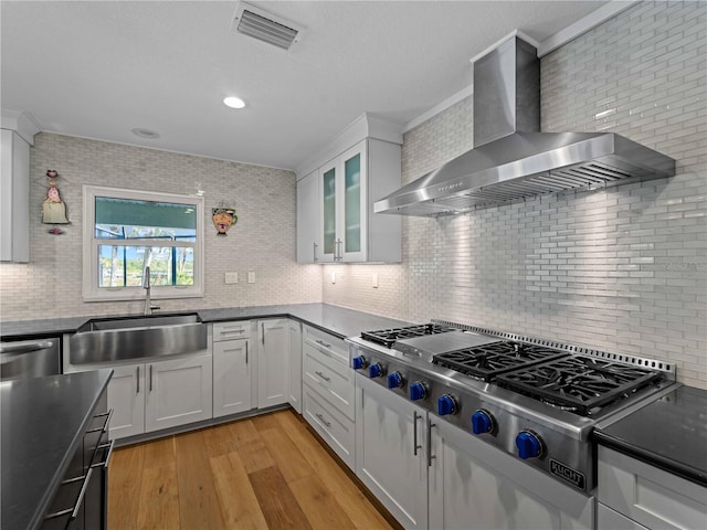 kitchen with white cabinetry, sink, wall chimney range hood, and decorative backsplash