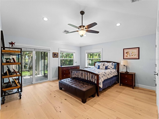 bedroom featuring access to outside, ceiling fan, and light hardwood / wood-style flooring