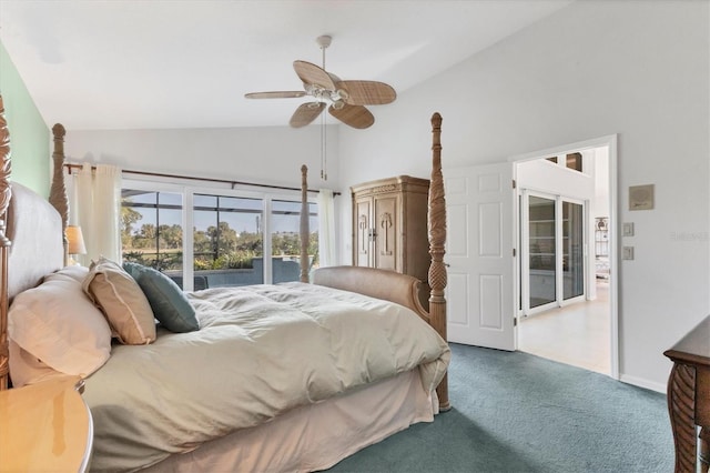 bedroom with ceiling fan, light carpet, high vaulted ceiling, and access to outside