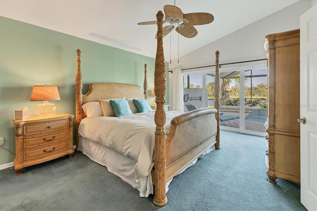 carpeted bedroom featuring ceiling fan, lofted ceiling, and access to outside