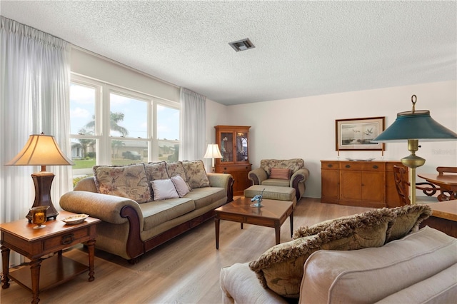 living room with a textured ceiling and light wood-type flooring