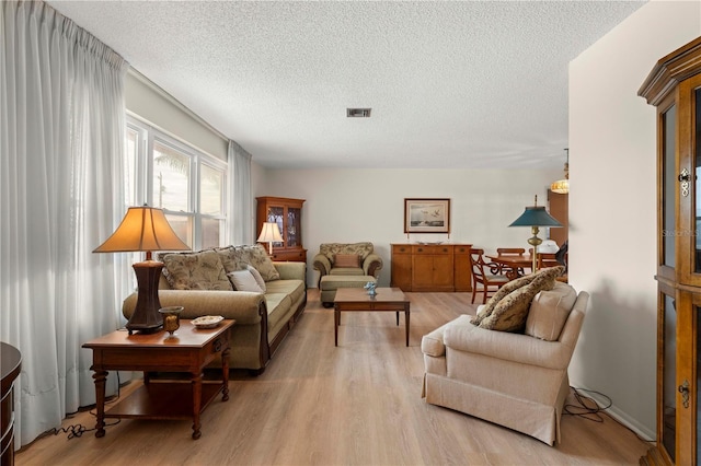 living room with a textured ceiling and light hardwood / wood-style flooring