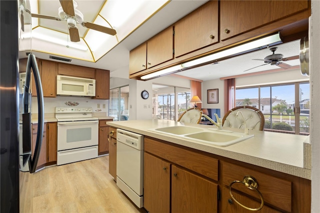 kitchen featuring light hardwood / wood-style floors, sink, white appliances, and plenty of natural light