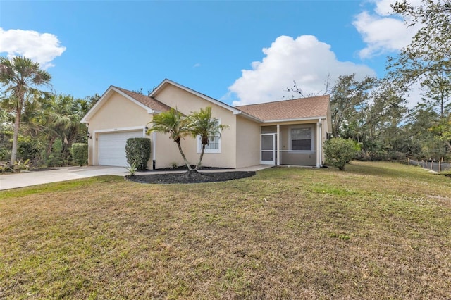 single story home with a front lawn and a garage