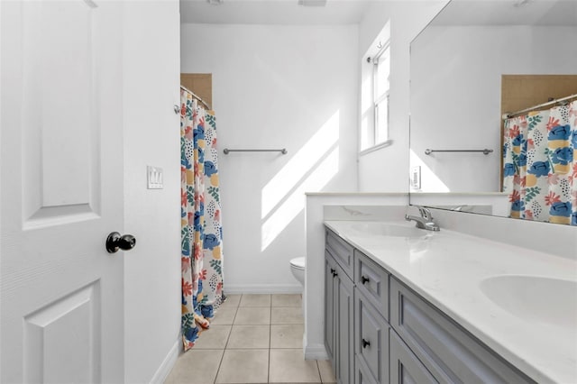 bathroom with toilet, vanity, walk in shower, and tile patterned flooring