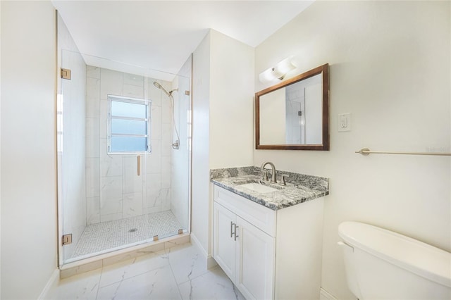 bathroom featuring vanity, toilet, and a shower with shower door