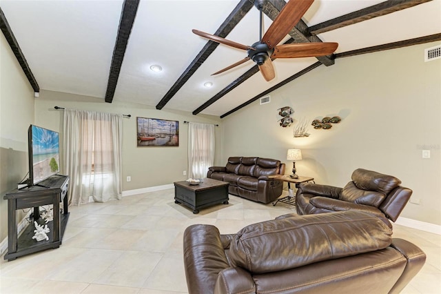 living room featuring ceiling fan and vaulted ceiling with beams