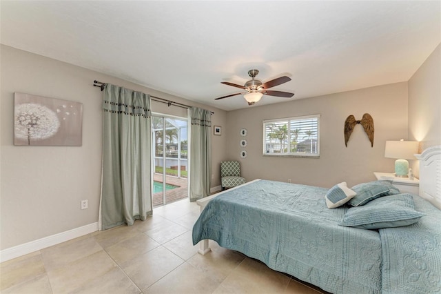 bedroom with multiple windows, light tile patterned floors, access to exterior, and ceiling fan