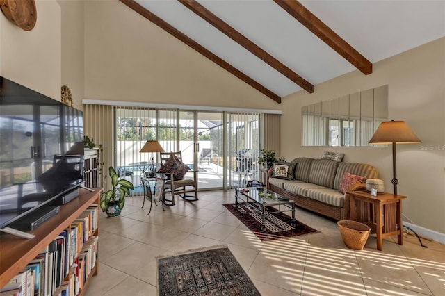 living room with high vaulted ceiling, beamed ceiling, and light tile patterned floors