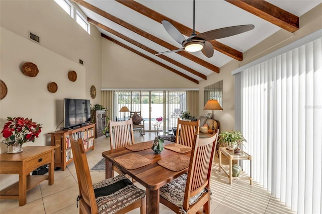 tiled dining space featuring ceiling fan, high vaulted ceiling, and beam ceiling