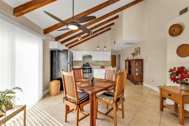 dining room featuring ceiling fan, beamed ceiling, light tile patterned floors, and high vaulted ceiling