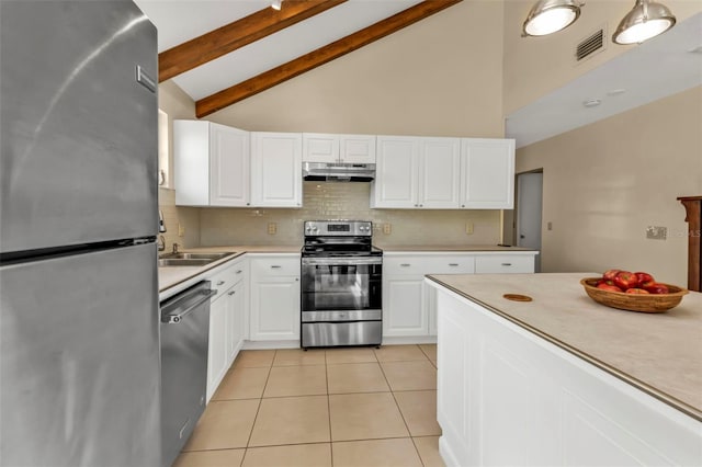 kitchen featuring stainless steel appliances, white cabinetry, beam ceiling, and high vaulted ceiling