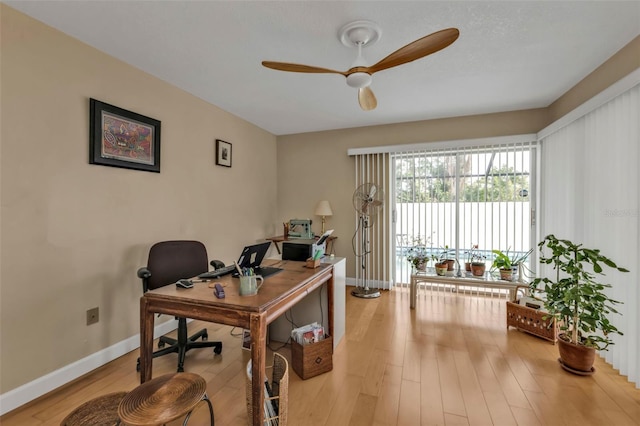 office featuring ceiling fan and light hardwood / wood-style floors