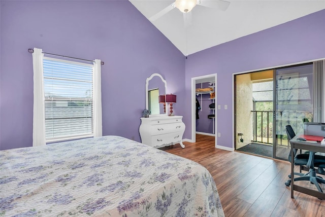 bedroom featuring multiple windows, a spacious closet, access to outside, and ceiling fan