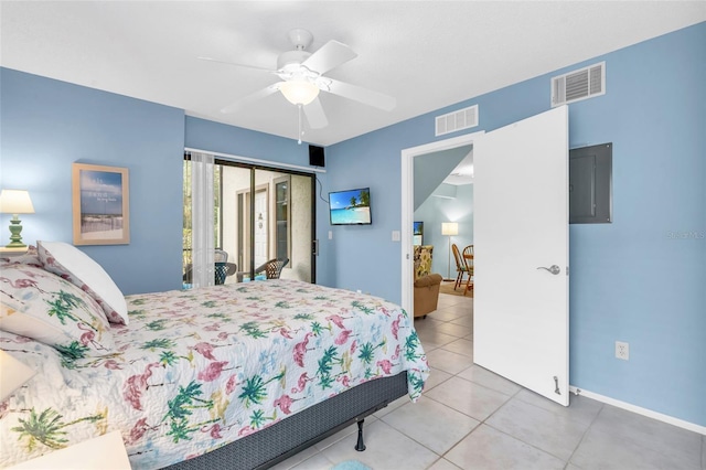 tiled bedroom with electric panel, a closet, and ceiling fan