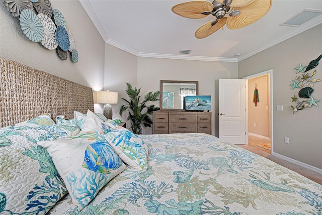 bedroom with ceiling fan, ornamental molding, and light colored carpet