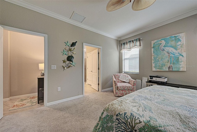 bedroom with ornamental molding, ensuite bathroom, and light colored carpet