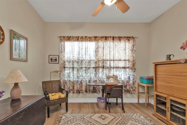 sitting room with ceiling fan, light hardwood / wood-style flooring, and a wealth of natural light