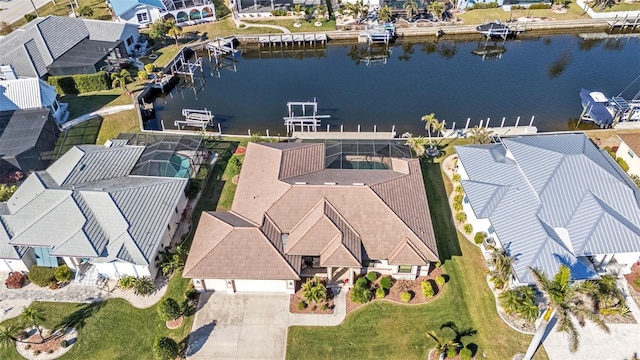 aerial view featuring a water view