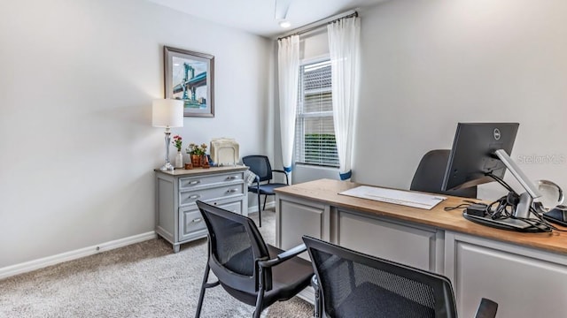 home office featuring light carpet