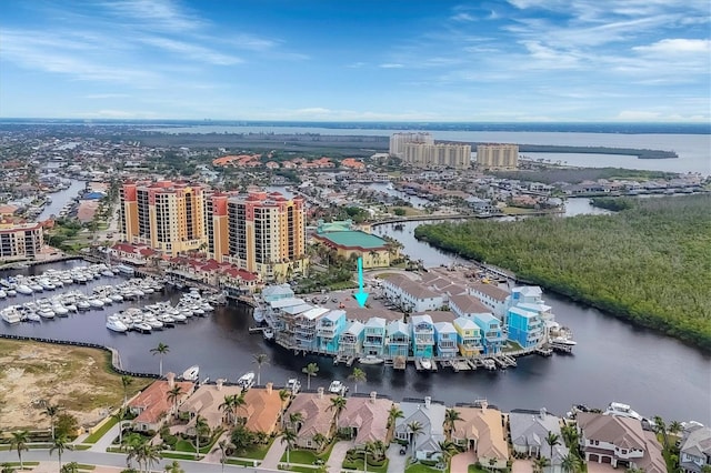 bird's eye view with a water view