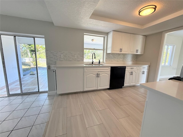 kitchen with light countertops, a sink, dishwasher, and white cabinetry