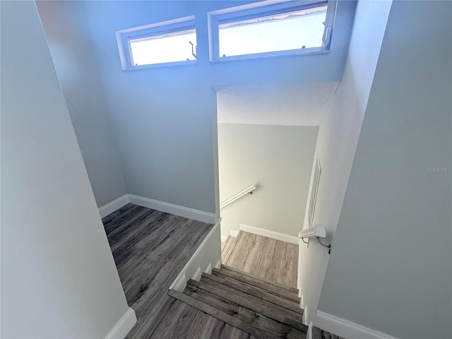 stairway featuring wood finished floors and baseboards