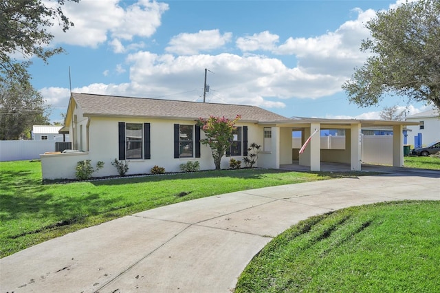 single story home featuring a front yard and a carport