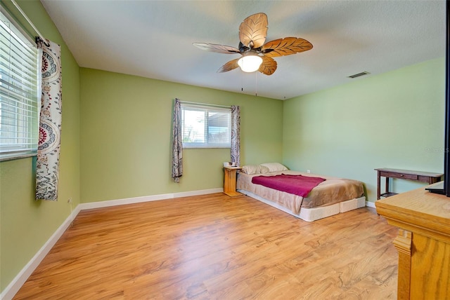 bedroom with ceiling fan and light hardwood / wood-style floors