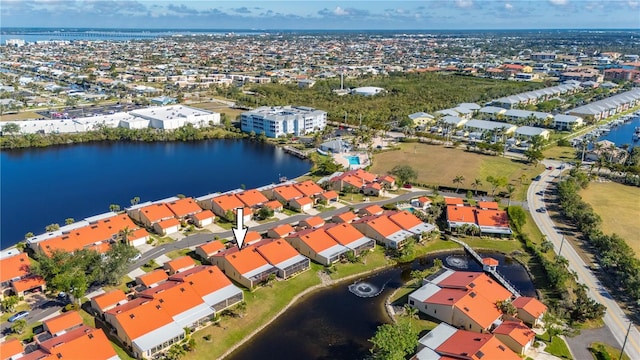 drone / aerial view featuring a water view