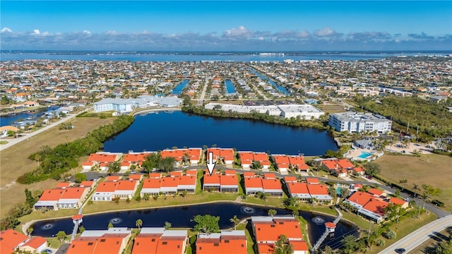 aerial view featuring a water view