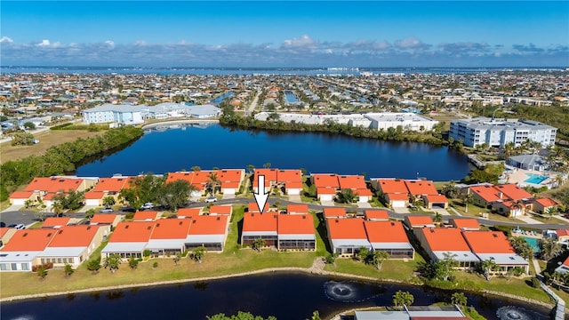 drone / aerial view featuring a water view