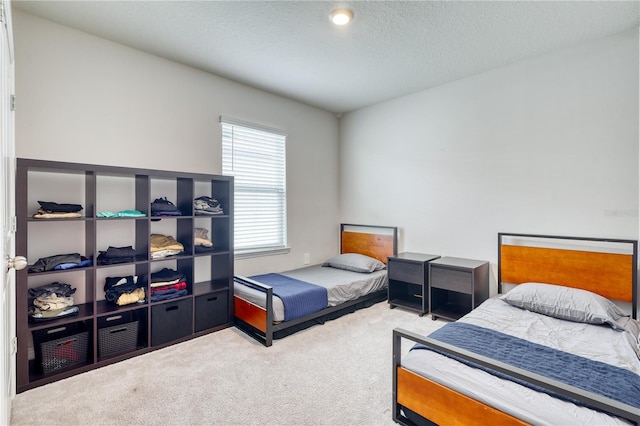 carpeted bedroom with a textured ceiling