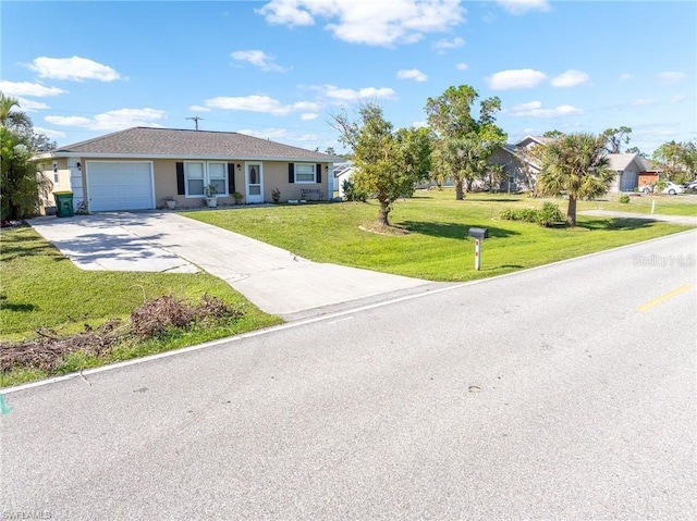 ranch-style home featuring a garage, stucco siding, driveway, and a front yard