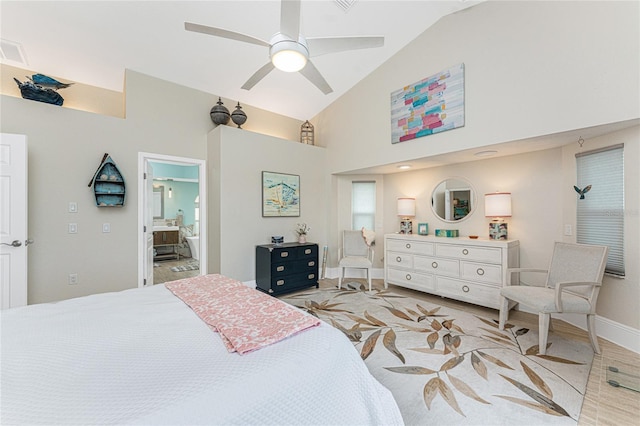 bedroom with lofted ceiling and ceiling fan