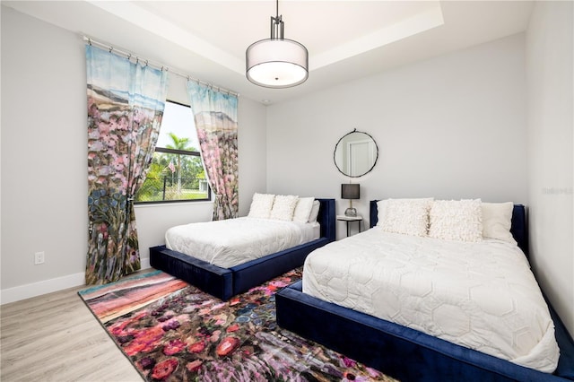 bedroom featuring wood-type flooring and a raised ceiling