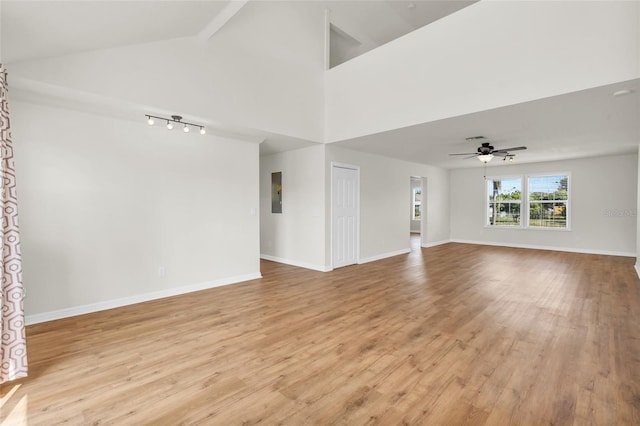 unfurnished living room featuring high vaulted ceiling, light hardwood / wood-style flooring, electric panel, and ceiling fan