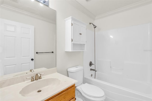 full bathroom with vanity, tub / shower combination, ornamental molding, and toilet