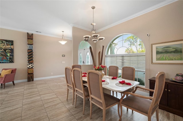 tiled dining area featuring french doors, crown molding, and a chandelier