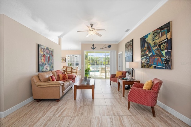 living room featuring ceiling fan and ornamental molding