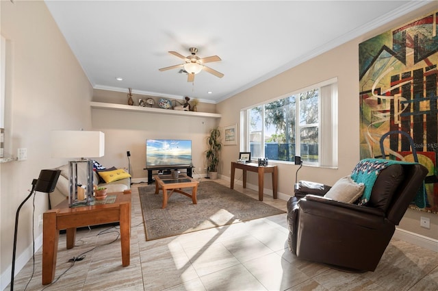 living room with ceiling fan and crown molding