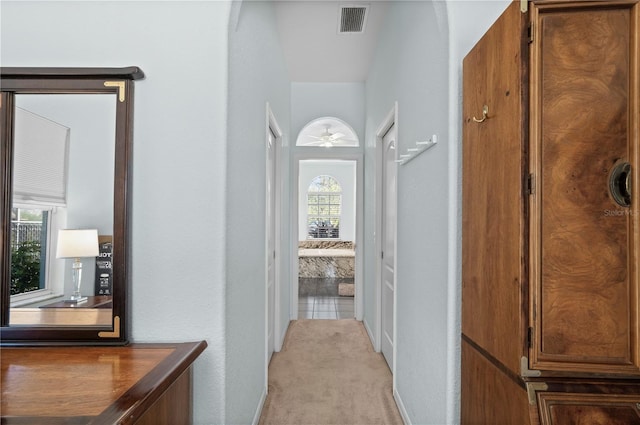 corridor featuring light carpet and plenty of natural light