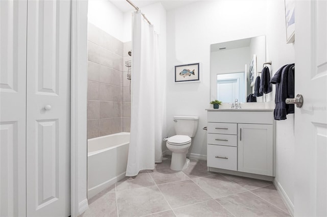 full bathroom with vanity, shower / bath combination with curtain, and toilet