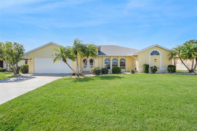 ranch-style home featuring a garage and a front yard