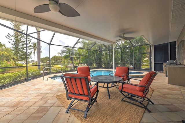 view of patio with glass enclosure