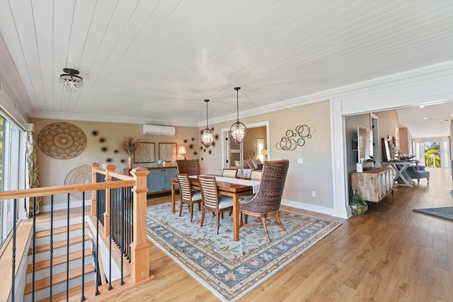 dining room with a wall mounted AC, hardwood / wood-style flooring, ornamental molding, wooden ceiling, and an inviting chandelier