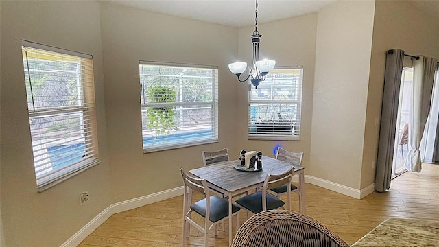 dining area with an inviting chandelier and light wood-type flooring